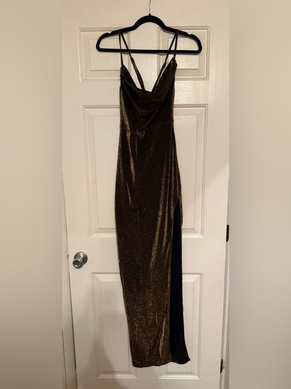 Lulu's Shimmery Gold and Black Maxi Slip Dress with Cowl Neck